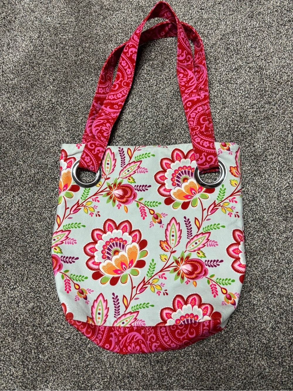 Lily Ashbury Pink Paisley W/Light Blue Background Tote Bag Metal Grommet